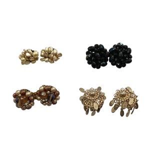 4 pairs of vintage cluster clip-on earrings (Black, Gold, Cream, Rose Gold)